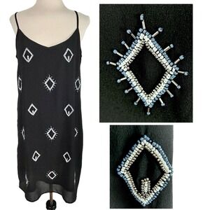 OLD NAVY Beaded Tank Slip PARTY DRESS S Black Sheer Lined Sexy Aztec Boho